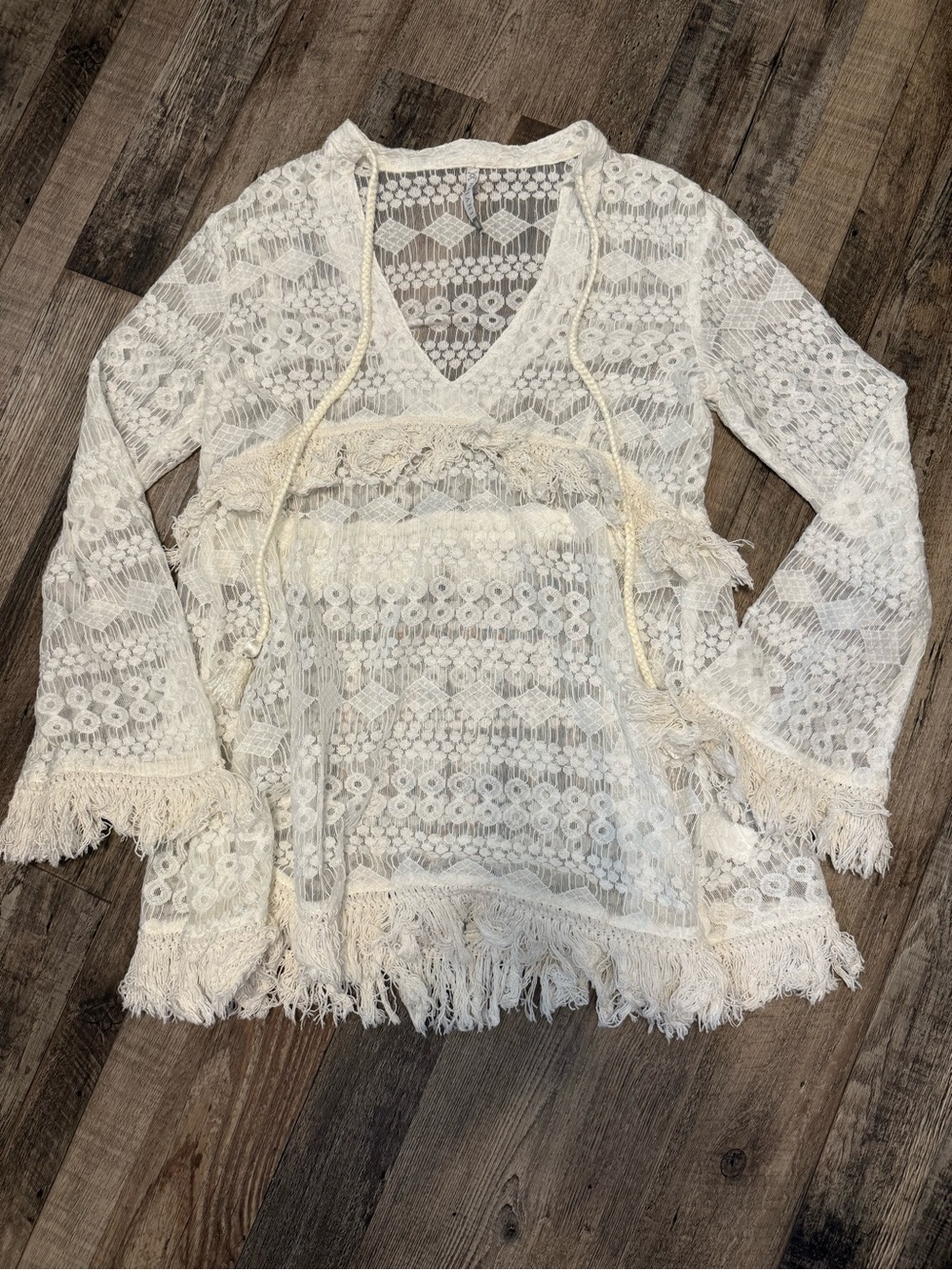 AMIANI Crochet Swim / Beach Coverup Dress Boho Lace Fringe M